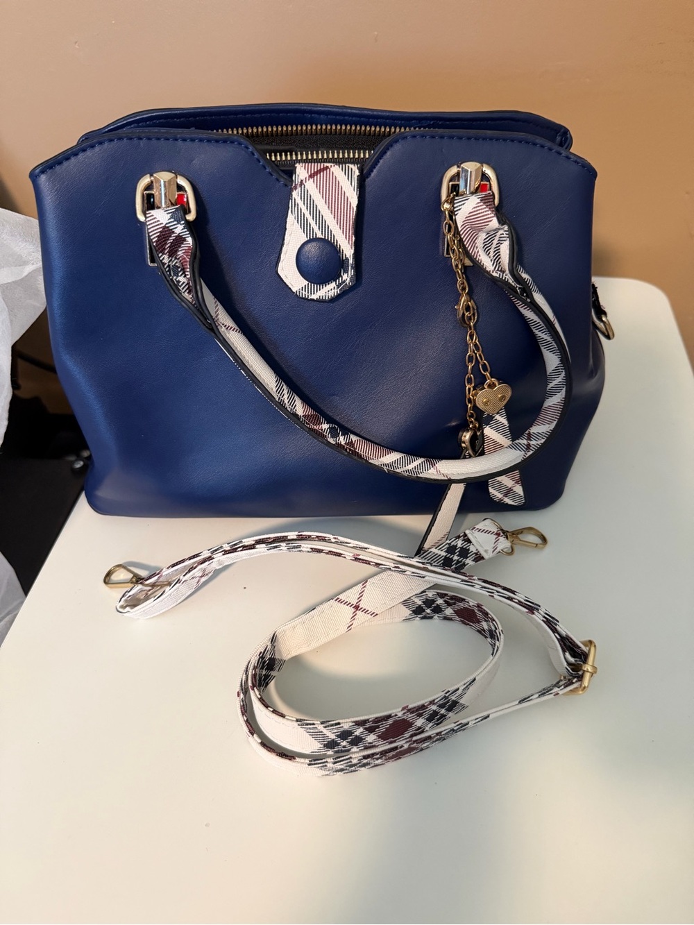 Navy Structured Satchel Handbag with Plaid Accents